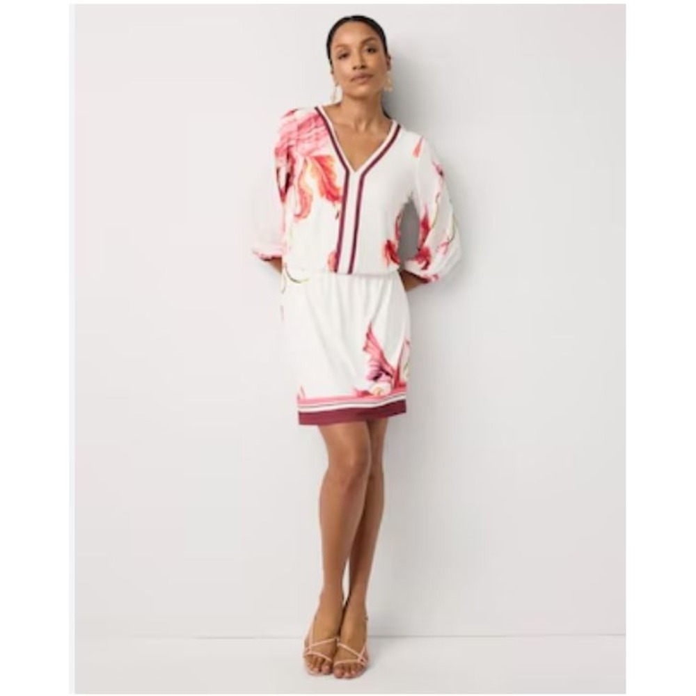 White House Black Market WHBM Floral V-Neck Tie Waist Mini Dress Red White S